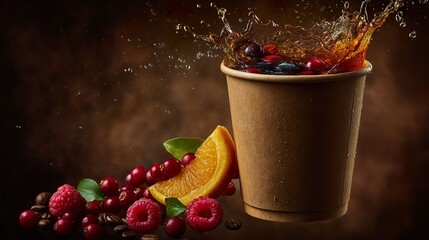 Coffee beverage splash with fruits and paper cup