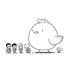 Obraz premium Large Cartoon Bird with Small Cartoon Characters