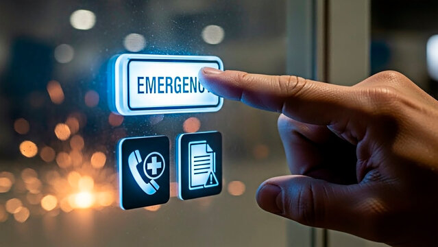 A hand pressing an emergency button on transparent background for crisis situations - Powered by Adobe