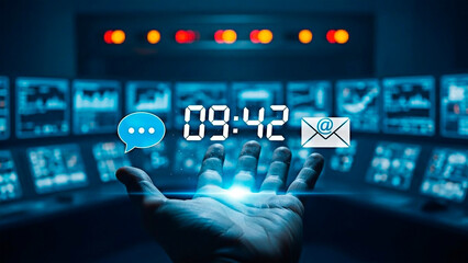 A hand holding digital communication icons on transparent background