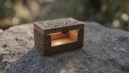 Ornate wooden box on a rock, intricate carvings, soft light, natural setting