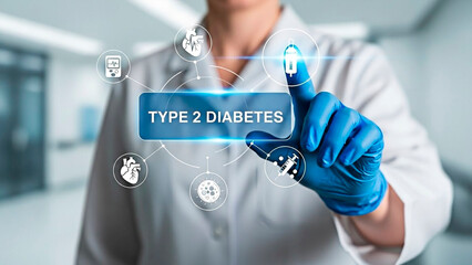 A doctor interacting with a digital interface about Type 2 Diabetes on transparent background