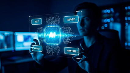 A man interacting with a futuristic digital interface on transparent background