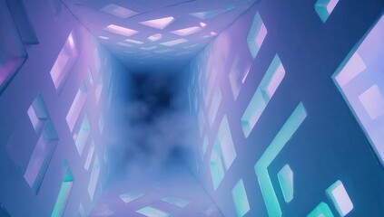 Abstract geometric passage with illuminated patterns, fog, and light