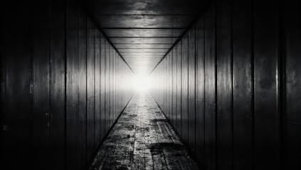 Dark hallway perspective, bright light at the end, leading the viewer