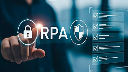 A business person interacting with RPA technology on transparent background