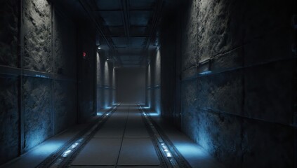 Narrow, dimly lit corridor with rough stone walls, disappearing into darkness