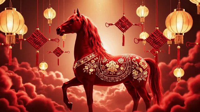Vibrant Chinese lanterns hanging amidst mystical clouds and smoke