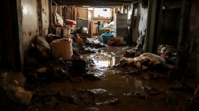 Natural disaster. Devastating loss aftermath scene. A flooded room with debris and trash scattered throughout, including plastic containers and other miscellaneous items.