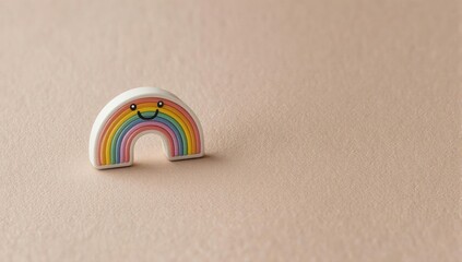 Smiling rainbow figurine on a plain, textured, neutral-toned surface