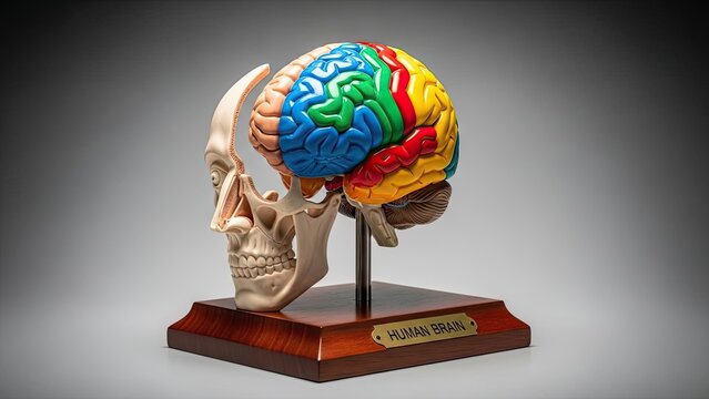 Anatomical model of a human skull with a colorful brain, showcasing different lobes and structures on a wooden base against a gradient background.