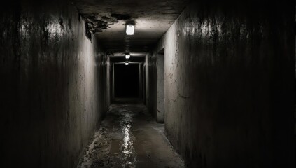 Obraz premium Dimly lit, narrow concrete corridor receding into darkness with overhead lights