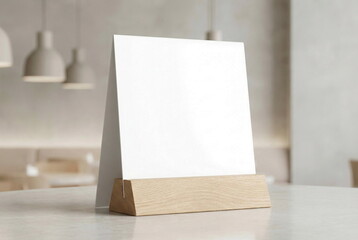 Stand mockup menu frame, table tent , empty stand display on blured cafe background, restaurant, bar . Food menu for text promotion to business advertising