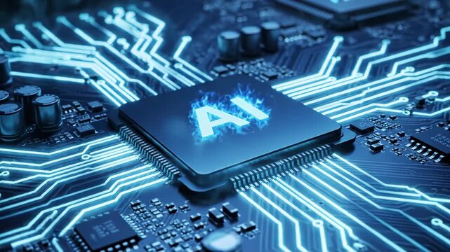 Closeup of a computer chip with ai symbol on a circuit board with glowing blue lights
