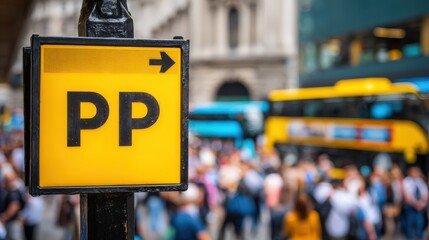 Bright yellow informational placard displays black lettering and an arrow in a busy urban setting