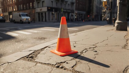 Orange and white traffic cone sits on cracked sidewalk near a city intersection