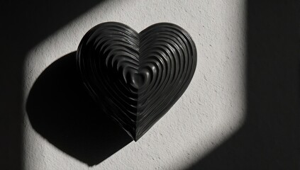 Black, textured heart casting a shadow on a white wall