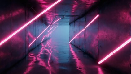 Dark concrete corridor illuminated by diagonal neon pink lights