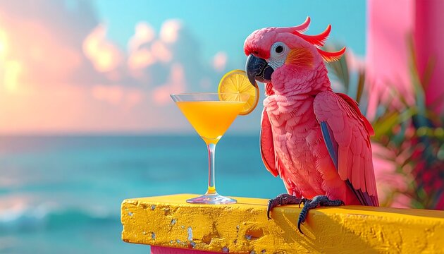 A vibrant pink parrot enjoys a refreshing orange cocktail on a sunny tropical beach.