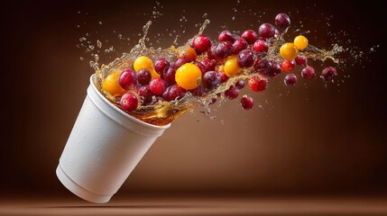 Fruit splash from white cup on brown background