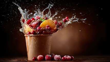 Fruit splash in cup with water droplets studio shot on brown background