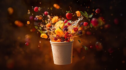 Fruit splash with berries and citrus burst from cup healthy beverage concept