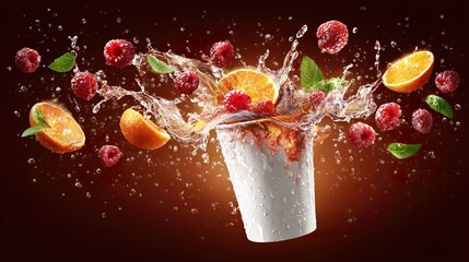 Fruit splash with water droplets