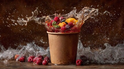 Fruit splash with water in a paper cup against a brown background