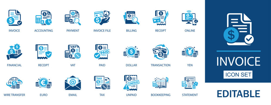 Invoice Payment Accounting Finance Tax Bill Vector Icon Set. Containing receipt, bill, tax, paid, statement, accounting, bookkeeping, barcode, financial and more.