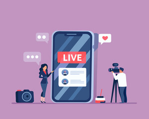 Businesswoman and videographer creating live social media content on smartphone
