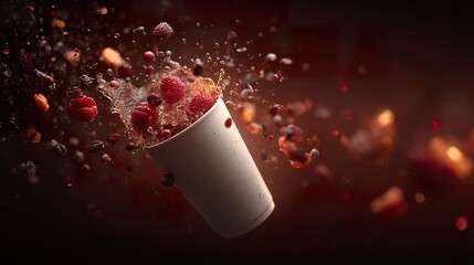 Beverage explosion with raspberries and water in a cup