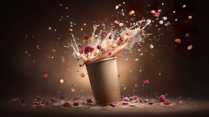 Beverage splash cup with fruit and liquid dynamic composition studio shot
