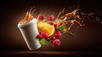 Beverage splash with fruit and coffee beans composition