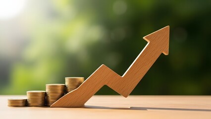Financial growth and economic success concept. Upward trend and wealth accumulation. Wooden arrow rising above stacks of gold coins on a natural background