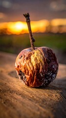 Rotting apple on wood with a blurred field and setting sun in the background