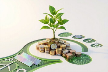 Green tree leaf , stack of coins.  Money growing, business success,investment concept.