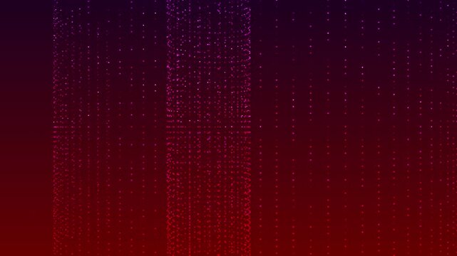Abstract animated gradient background inspired by love and liberty, blending deep red, ruby, and violet tones. Glowing dots align into vertical rolling patterns that gently curl and flow upward.
