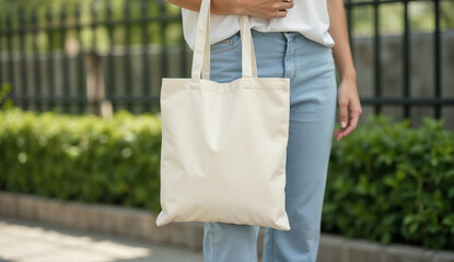 Young girl carried a cotton tote bag while outdoors.