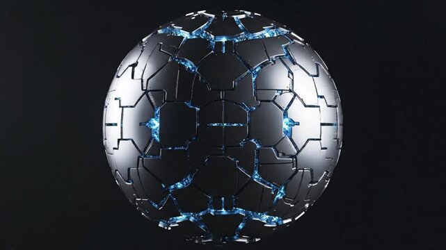 Geometric Sphere of Technology: A close-up shot of a meticulously designed metallic sphere with intricate, interlocking geometric plates, highlighted by a network of illuminated lines.