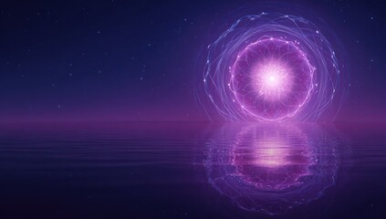 Obraz premium Glowing purple energy sphere reflects in water under a starry twilight sky