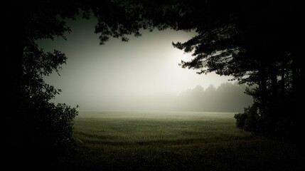 Soft morning mist filters through silhouetted tree branches over a tranquil field