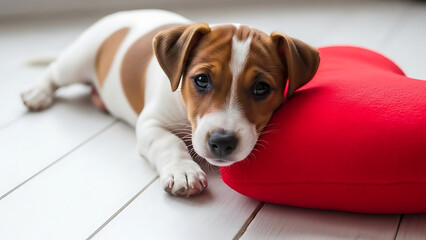 Puppy resting on red cushion