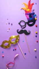Party props and confetti scattered on lavender background, top-down, showcasing a golden mask and paper cutouts