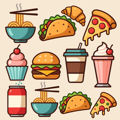 Vibrant Cartoon Illustration of Various Fast Food and Drink Items