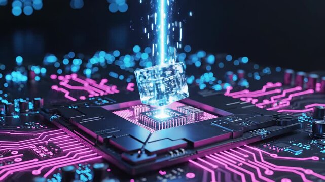 Glowing blue microchip being inserted into a socket on a circuit board with pink and blue lights