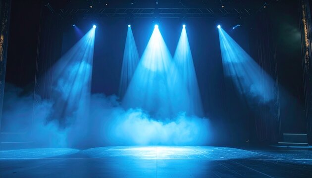 ステージ スポットライト 喝采 主役 緊張感 演劇 公演 幻想的 静寂 期待 青い光 演出 焦点 幕開け 独白 芸術 衝撃 核心 没入 輝き