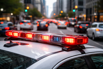 Police car red light against busy street with heavy traffic, daytime city view