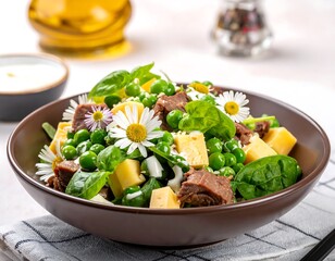 Salad of greens, peas, cheese, beef, and daisies in a brown bowl, with dressing on the side, on a light table