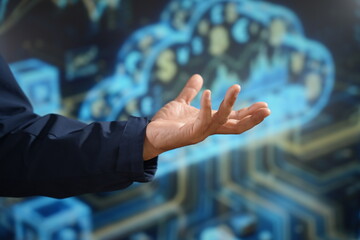 A professional hand gestures digital interface, symbolizing the future of fintech and blockchain. Radiant blue circuitry and financial data represent seamless innovation in the modern global economy.