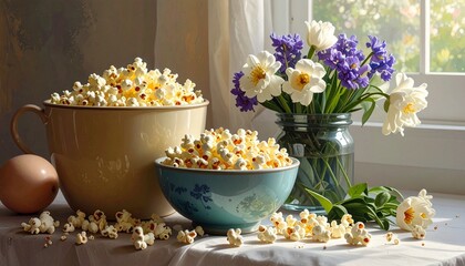Deliciously light popcorn served in vintage bowls with a bouquet of fresh spring flowers